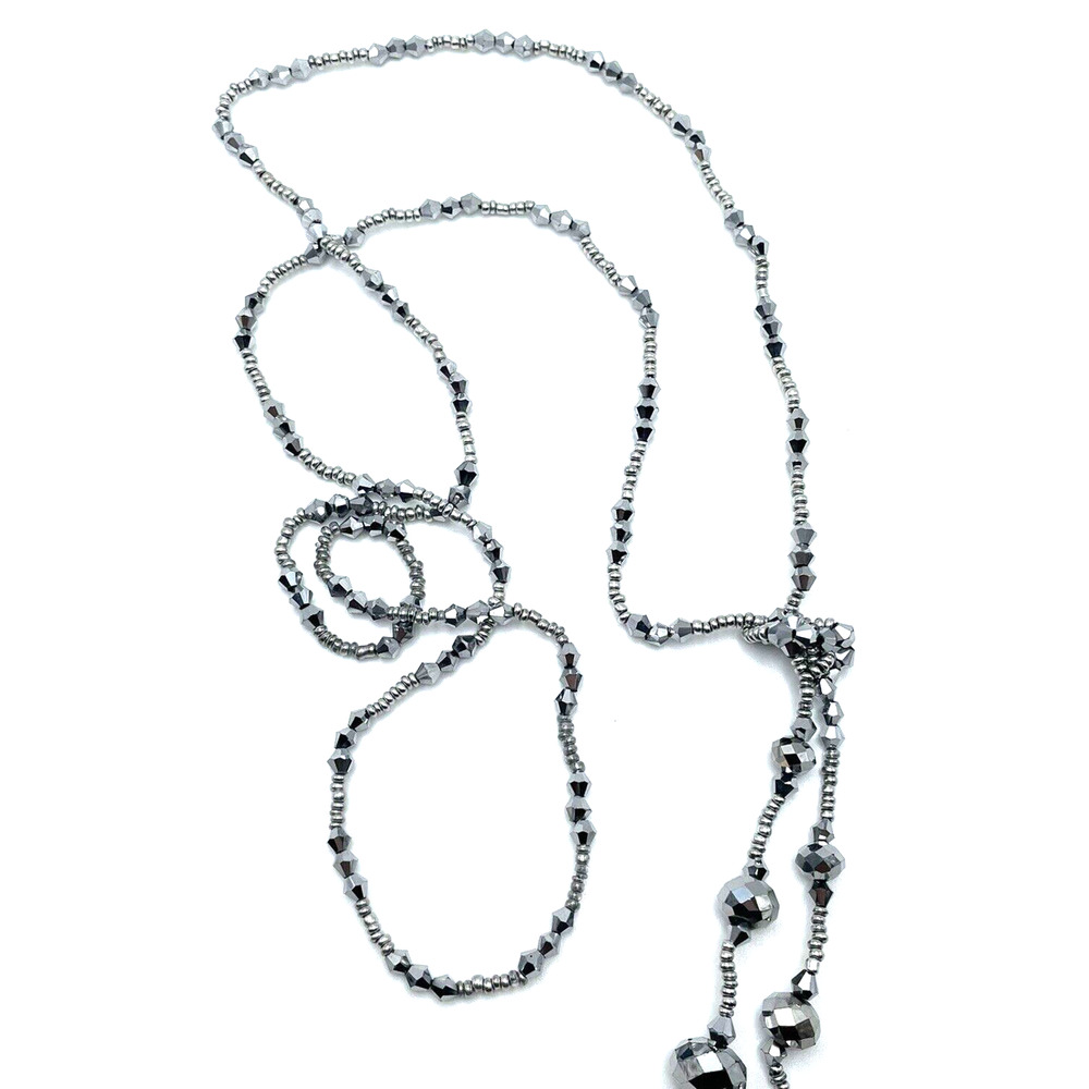 Vintage Chrome Silver Necklace Faceted Crystal Beaded Hand Tied Lariat Flapper